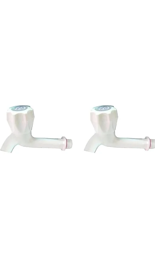 SMARTSUPPLY ABS Plastic Long Body Bib Cock Bathroom Faucet Kitchen Water Tap Toilet 2 PCS Bib Tap Faucet (Wall Mount Installation Type), White, Polished