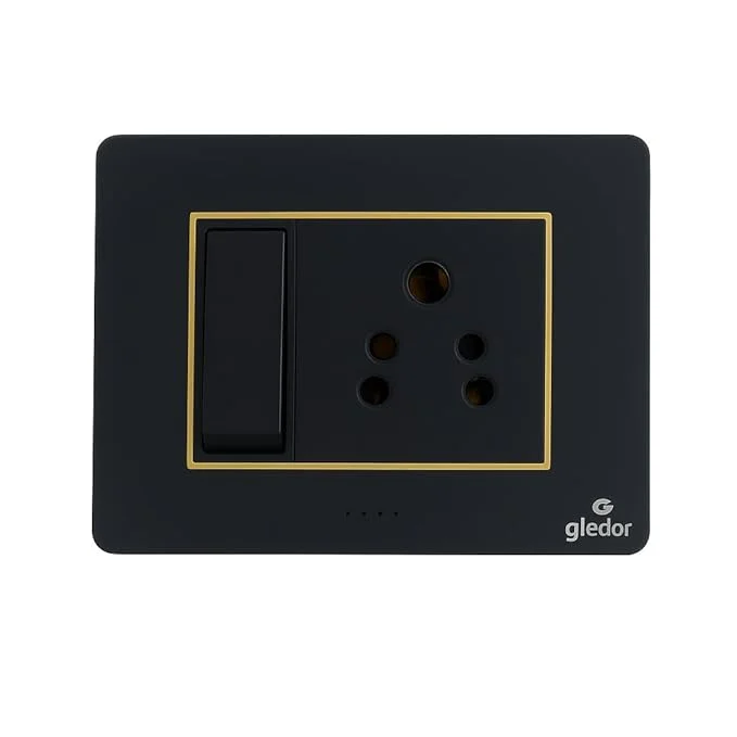SEER switch plate Black Modular Switch and Socket Combo, 16A Switch with 6/16A 3-Pin Socket, Gold Trim