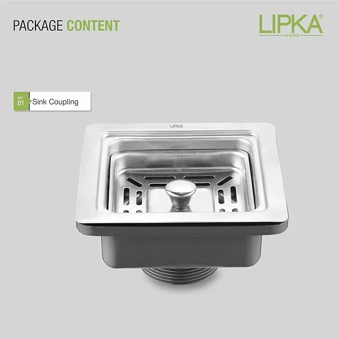 LIPKA Sink Coupling & Waste Pipe Set – 4.5-Inch Stainless Steel Square Drain Coupler with 30-Inch Stretchable PVC Outlet Pipe | Rust-Free, Durable Drain Set for Kitchen & Bathroom Basin