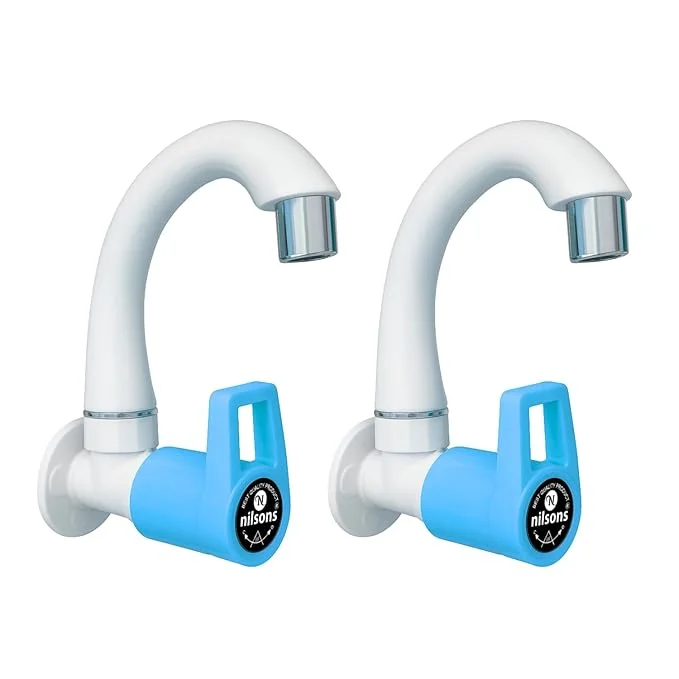 2 Pcs Sink Cock Tap | Prime Series Blue Plastic Wall Mount Kitchen Sink Faucet | Heavy Duty, Leak-Proof, 360° Swivel Spout, Easy Installation | Modern Water Tap for Kitchen, Bathroom