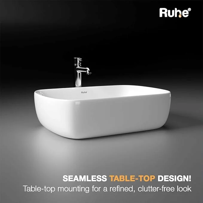 Ruhe® 18x13x5 Inches Norma Table-Top Wash Basin White Ceramic Counter Top Wash Basin With Curved Corner Design & Glossy Finish, Modern Bathroom Sink For Home, Hotel, Office