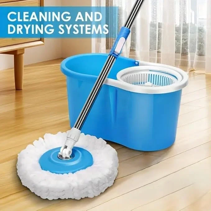 TEKCOOL Premium Spin Mop with Big Wheels and Heavy Wringer | 360° Flexible Mop Bucket System for Floor Cleaning with 2 Microfiber Refills (Blue):