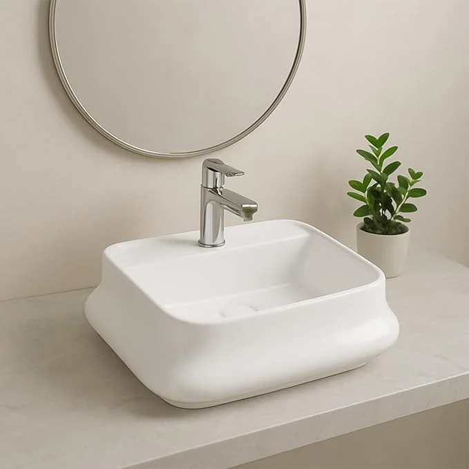 BonKaso White Ceramic Tabletop Wash Basin – Rectangular Shape Polished Countertop Sink for Bathroom, Vanity, Dining Hall & Wash Area | Durable & Stylish Ceramic Basin – 15.6x 19.2 x 5.4 Inches
