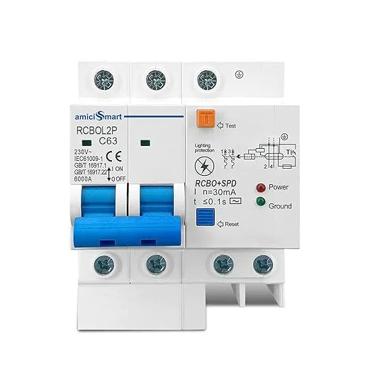 amiciSmart 63A Single Phase Circuit Breaker with Leakage/Lightning Protection, Visual Open/Close Indicators (LEDs), and Din Rail Mounted Design, 220VAC