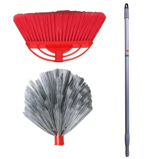 HIC 2 Types of Plastic Web Cleaner Jala Cleaning Broom with Long and Soft bristles to Collect Minute dust Particle,Remove jala/Cobwebs with Ext. Rod to Adjust to Your Height (2 Brush and 1 Handle)