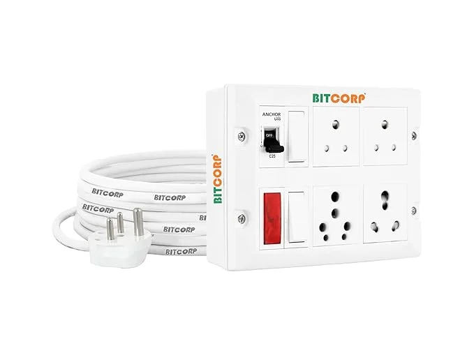 Bitcorp 16 amp Electric Extension Board Heavy Duty Multi Plug Socket 2 Switch with mcb high Power Extension Box (2500w) Power Strip with 2 Meter Extension Cord Long Length Wire Plug (White) 220 Volt