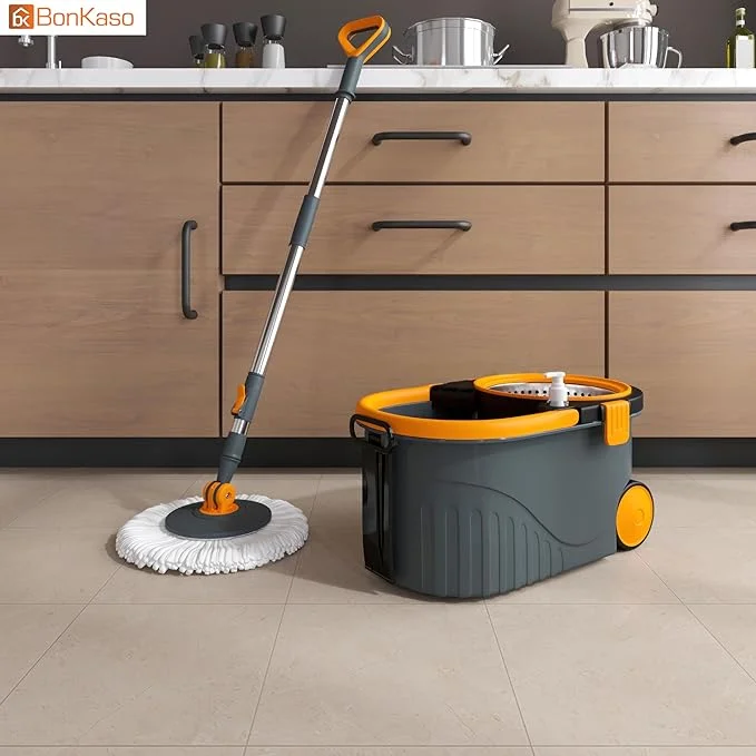 Bonkaso Spin Mop with Stainless Steel Wringer & Big Wheels | 360° Rotating Mop, Adjustable Handle | Easy Floor Cleaning Bucket Set with 2 Microfiber Refills – Grey & Orange (46 x 26.5 x 23 cm)
